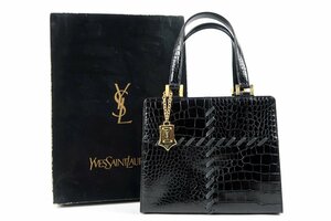 【超美品】YVES SAINT LAURENT YSL イヴサンローラン クロコ型押し ハンドバッグ ブラック レザー【QE50】