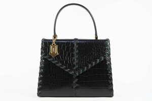 【超美品】YVES SAINT LAURENT YSL イヴサンローラン クロコ型押し ハンドバッグ ブラック レザー【QF34】