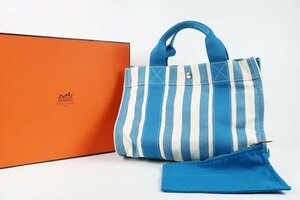 【美品】HERMES エルメス カンヌPM キャンバス トートバッグ ブランド鞄 ブルー系【QH78】