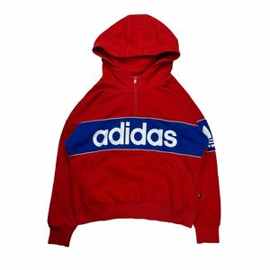 adidas originals アディダスオリジナルス パーカー フーディ ハーフジップ レッド ネイビー ロゴプリント Lサイズ 古着 