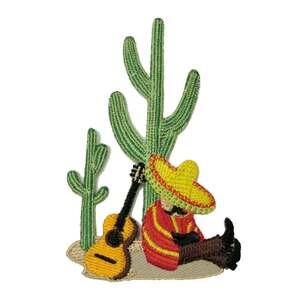 ★新品 メキシコ サボテン 植物 旅人 ギター さすらい デザイン ワッペン アイロン 簡単貼り付け アップリケ 刺繍
