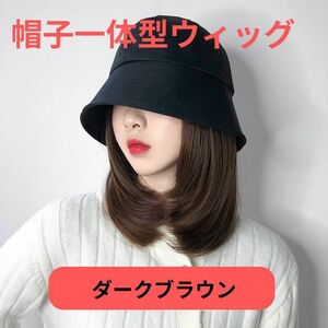 673　ハット　ウィッグ　帽子ウィッグ　変装　女装　キャップ付き　黒　wig　ダークブラウン　バケット　ミディアムヘアー　ダウンタイム