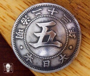◆コンチョ ネジ式　日本古銭　菊五銭白銅貨 五面　20.5mm　和柄 コイン