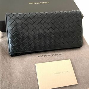 美品★BOTTEGA ボッテガヴェネタ イントレチャート 二つ折り財布 ブラック レザー 長財布 コンチネンタルウォレット 本革