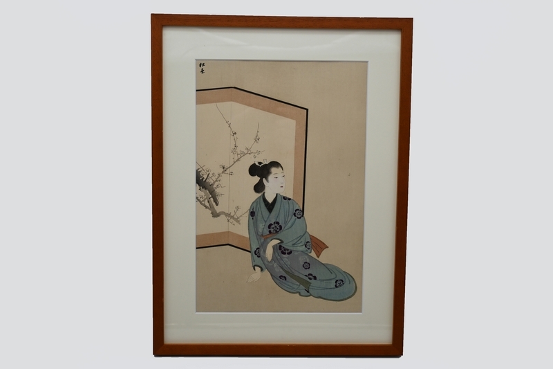 湯川松堂 [ 美人画 ] ■ 屏風 日本美人 木版画 明治35年頃 レトロ コレクター整理品■ 額入 布袋 紙箱入り[真作] №9528■, 絵画, 浮世絵, 版画, 美人画