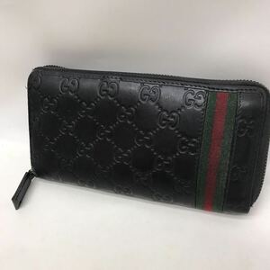 GUCCI （グッチ）グッチシマ ラウンドファスナー 長財布 レザー ブラック 黒　GG ロングウォレット　308009