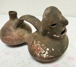 南米 古陶 インカ土器 顔付二連壺 