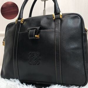 超美品●ロエベ LOEWE ブリーフケース ビジネスバッグ ハンドバッグ メンズ 大容量 A4 書類かばん アナグラム 金具 レザー 革 黒 ブラック