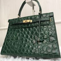 極美品/入手困難●ジャンニピラス GIANNI PIRAS ハンドバッグ クロコ型押し レザー 本革 緑 グリーン ベルト 金具 ターンロック ワンハンド_画像1