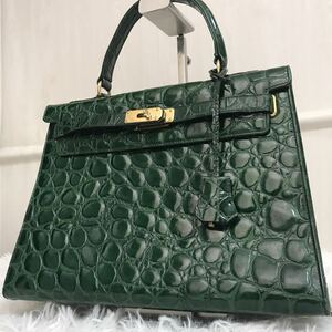 極美品/入手困難●ジャンニピラス GIANNI PIRAS ハンドバッグ クロコ型押し レザー 本革 緑 グリーン ベルト 金具 ターンロック ワンハンド