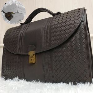 極美品●ボッテガヴェネタ BOTTEGA VENETA ブリーフケース ビジネスバッグ ハンド メンズ 大容量 イントレチャート グレージュ レザー 鍵付