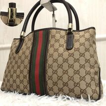 極美品/希少●グッチ GUCCI トートバッグ ハンドバッグ メンズ ビジネス 大容量 GGキャンバス シェリーライン レザー 本革 金具 ブラウン _画像1