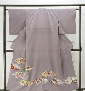 色留袖 正絹 帝王紫 扇面花鳥模様 身丈156cm 裄丈62cm 色留袖 五つ紋 リサイクル 中古 着物 結婚式 披露宴 入学式 卒業式 f0076