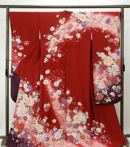 振袖 正絹 四季花模様 身丈166.5cm 裄丈68cm 振袖 リサイクル 中古 着物 成人式 結婚式 e0769