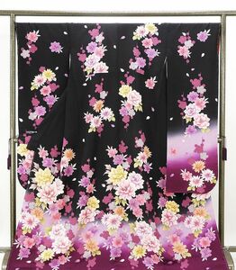  long-sleeved kimono new goods .. settled silk flower pattern length 173.5cm sleeve length 68cm long-sleeved kimono new goods brand new kimono coming-of-age ceremony wedding e1027