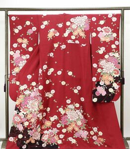 振袖 正絹 四季花模様 身丈168cm 裄丈66.5cm 振袖 良品 リサイクル 中古 着物 成人式 結婚式 e0744