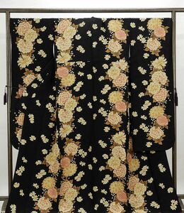  long-sleeved kimono silk flower pattern length 169cm sleeve length 69.5cm long-sleeved kimono beautiful goods recycle used kimono coming-of-age ceremony wedding e0910