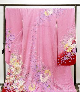  long-sleeved kimono new goods .. settled silk snow wheel Sakura pattern length 177cm sleeve length 72cm long-sleeved kimono new goods brand new kimono coming-of-age ceremony wedding e1038