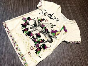 ScoLar スカラー正規品 カラフル 個性的でお洒落なゆるシルエットTシャツ カットソー トップス 猫柄×花柄切り替え/Ｍサイズ