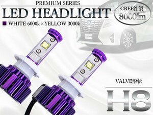 12V 24V LEDヘッドライト H8 ホワイト イエロー 切替可能 8000lm 3000k 6500k 白 黄色 ガラス管 一体型 オールインワン