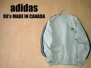 お宝カナダ製90sビンテージadidasトレフォイル刺繍スウェットMグレーx黒3ライン正規アディダスMADE IN CANADAトレーナージャージトップ