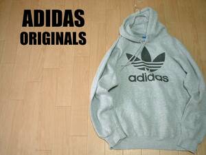 大人気adidas ORIGINALSビッグトレフォイルスウェットパーカーXOグレーx黒ブラックXL正規アディダスオリジナルス三ツ葉フーディトレーナー