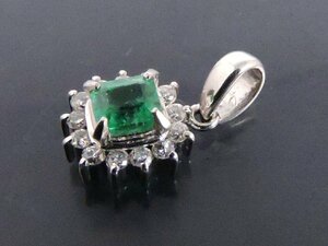 エメラルド 0.37ct ダイヤモンド 0.19ct プラチナ pt900 ペンダントトップ スクエアデザイン 縦約15㎜