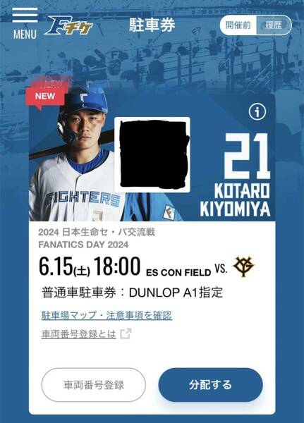 日本ハムファイターズ 6/15【土曜日】 ESCON FIELD 駐車券：エスコンフィールド：北海道ボールパーク