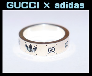 送料無料 即決【未使用】 Gucci × adidas ★ エングレービングリング 19号 ★ グッチ アディダス 国内正規品 本物 指輪 シルバー GG 細