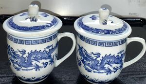 ◆伝統工芸◆ 中国 景徳鎮製 ◆ 蓋付き マグカップ カップ ２客 茶器 