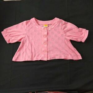 M1-01088 free shipping [ secondhand goods ] mou jonjon 7 minute sleeve cardigan Kids * woman .110 pink dot pattern tag . dirt equipped G