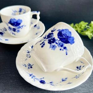 美品 HOYA ホーヤ　ブルーローズ　薔薇　花柄　食器　ティーカップ　カップ＆ソーサー　ペア　2客