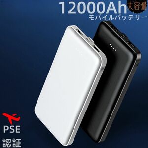 12000mAh モバイルバッテリー 超薄型 2台同時急速充電 各機種対応 携帯充電器 コンパクト　スマホ充電器 白