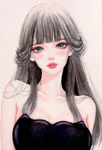 Art hand Auction 手描きイラスト 水彩画 原画 青色瞳の女の子, 絵画, 水彩, 人物画