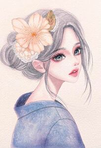 手描きイラスト　水彩画　原画　お花と女の子