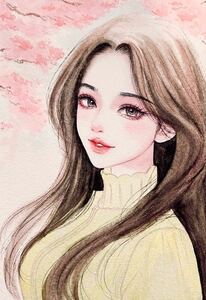 手描きイラスト　水彩画　原画　茶色髪の毛の女の子