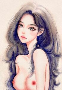 手描きイラスト　水彩画　原画　ロングヘアの女の子