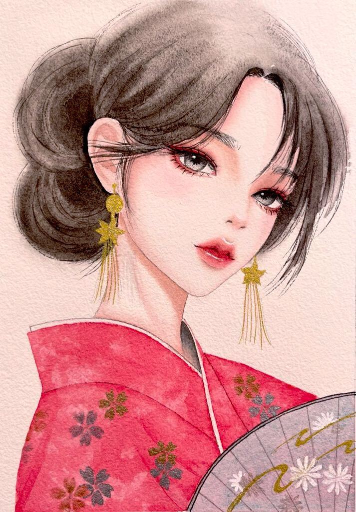 Illustration dessinée à la main Peinture aquarelle Peinture originale Fille kimono, peinture, aquarelle, portrait