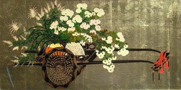 Kopie Lackmalerei Blumenwagen Zeichnung 4 NH165 Eurasische Kunst, Malerei, Japanische Malerei, Andere