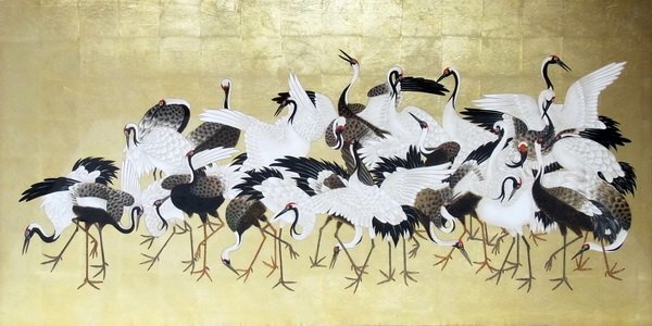 清水公照 直筆 大扇面自画賛 「朝見 雲片々」群鶴図 東大寺管長 署名有 落款有 額装あり 黄袋 箱付 y2002s 清水公照 直筆 大扇面自画賛 「朝見 雲片々」群鶴図 東大寺管長 署名有 落款有 額装あり 黄袋 箱付 y2002s