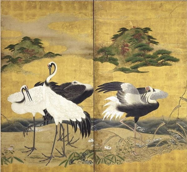 模写漆絵 白鶴と松図 NH259 ユーラシアアート, 絵画, 日本画, その他