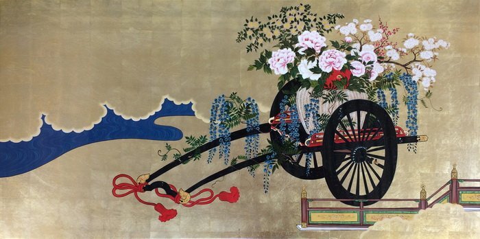 래커화의 재현, 꽃카트 6, 오른쪽 패널 NH245R 유라시아 아트, 그림, 일본화, 다른 사람