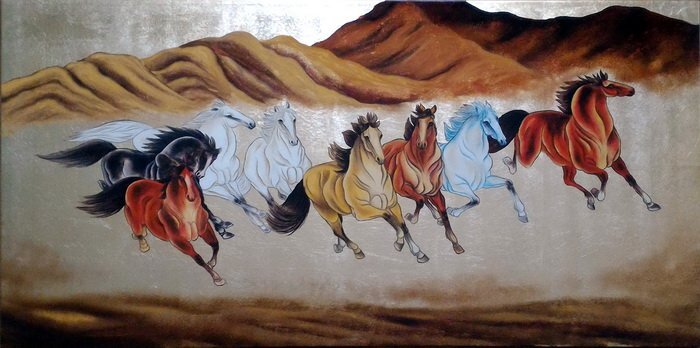 Prix Spécial Peinture à la laque huit chevaux au galop NH83A, Art eurasien, Peinture, Peinture japonaise, autres