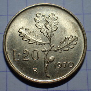 L-14 KM#97 イタリア共和国 20リラ(20 ITL)ブロンズ貨 1970年 世界の硬貨の画像3