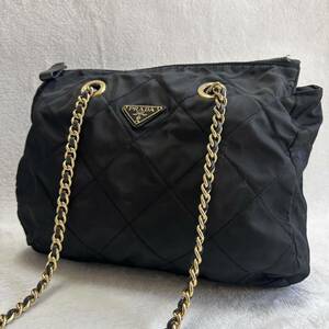 1円〜　【美品】　PRADA プラダ　ナイロン　チェーンショルダーバッグ　キルティング　ブラック　黒　白タグ有　三角ロゴ　トート　肩掛け