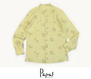 美品！PAPAS（パパス）“サファリ刺繍”　ノーカラーリネン麻100%シャツ size46　　日本製 MADE IN JAPAN.