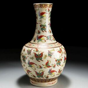 Y357. 中国古玩 清代 色絵 蝶文 花器 高さ39cm / 陶器陶芸古美術時代花瓶
