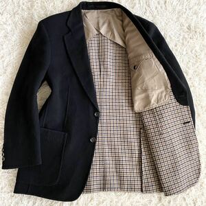 【カシミヤ＆ウール】アクアスキュータム Aquascutum ★裏地チェック柄 テーラードジャケット メンズ Mサイズ ブラック 日本製