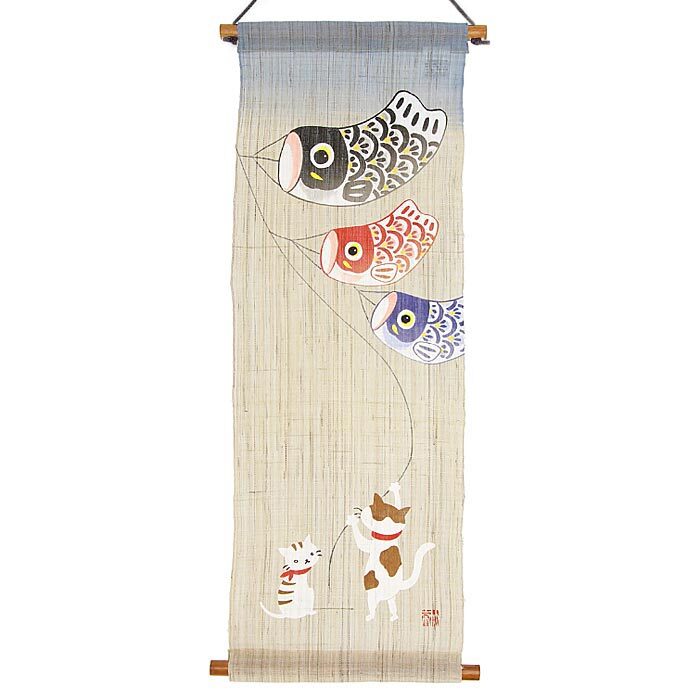 Stencil-dyed tapestry, cat carp streamer, 100% linen, stencil-dyed, carp streamer, Boys' Festival, cat carp streamer, cat lover, May doll, hanging scroll, decoration, made in Japan, season, Annual Events, Children's Day, Carp streamers