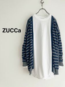 【2点以上で送料無料】ZUCCa ズッカ　ボーダーニットカーディガン　ネイビー×グレー　レディースMサイズ